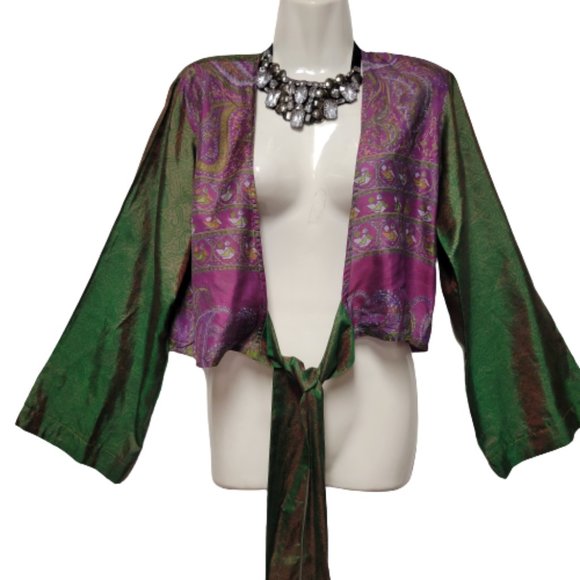 SILK Bolero Top Crop Top Coverup Silk Blazer Short Jacket Butterfly Sleeve Top S - Picture 5 of 14